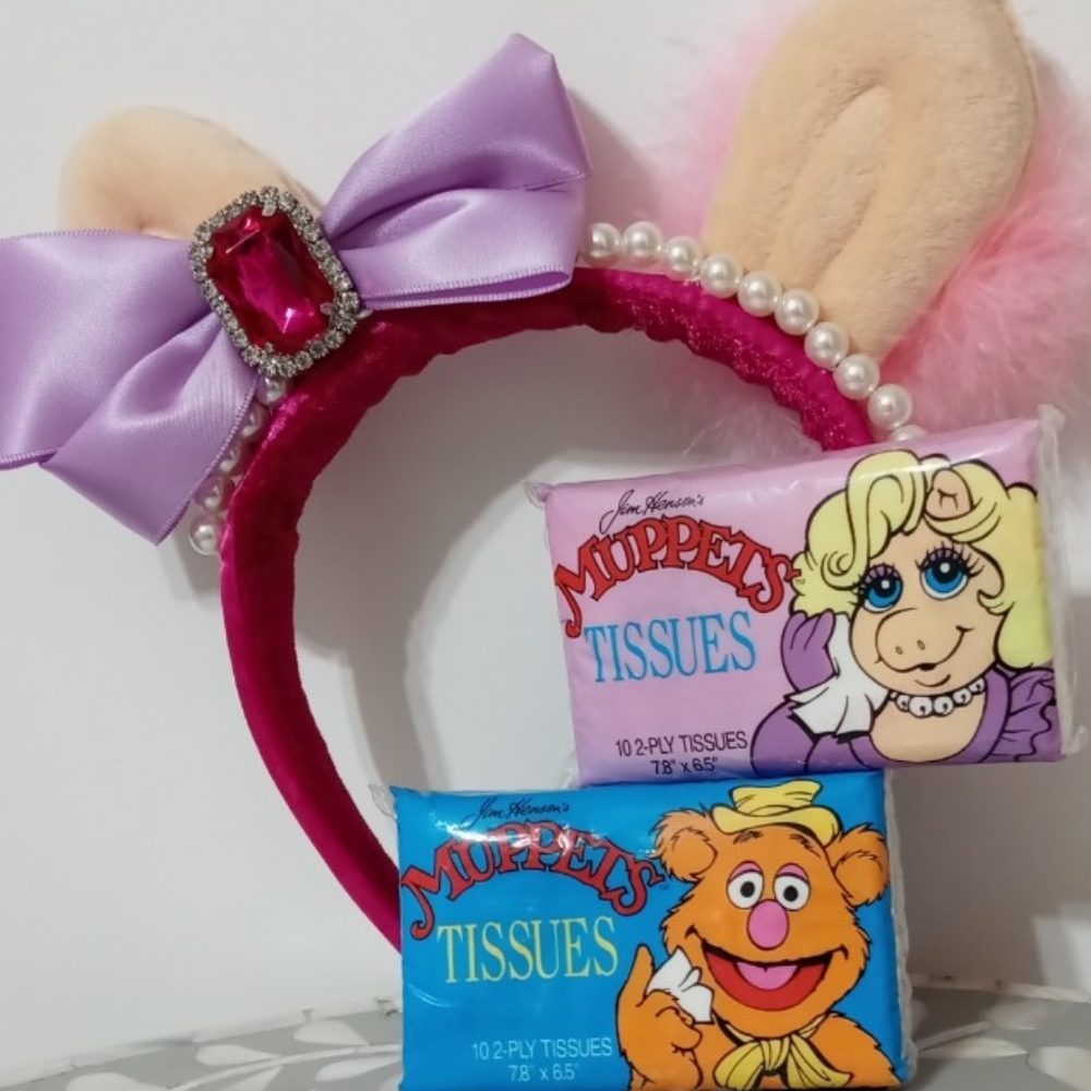 Vintage Miss Piggy + Fozzie Bear 80s Tissue + Pink Disney ear headband rare ears